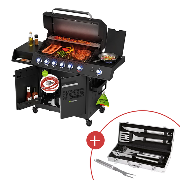 JUSKYS® ‘Tennessee’ Gasgrill, 6+1 Brenner, mit Seitenkochfeld, Sichtfenster, inkl. Abdeckhaube, 82 × 42 cm Grillfläche mit CHECK24 Grillkoffer