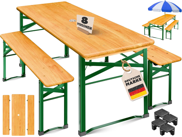 KESSER® Bierzeltgarnitur, 3-teilig, Klappbar, Holz / Stahl grün, Hellbraun, 170 x 46 x 75 cm