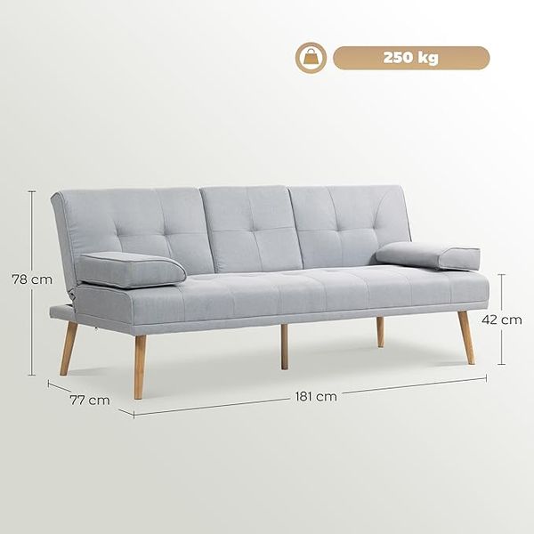 HOMCOM Schlafsofa, 3-Sitzer-Sofa, verstellbare Rückenlehne, Leinenoptik, mit Becherhalter, im Skandi-Design, bis 250 kg Belastbar, Hellgrau, 181 x 77 x 78 cm Bild 6