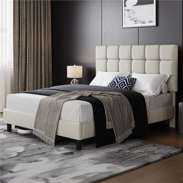 Yaheetech Polsterbett, 160x200 cm, mit höhenverstellbarem Kopfteil und Lattenrost, Beige
