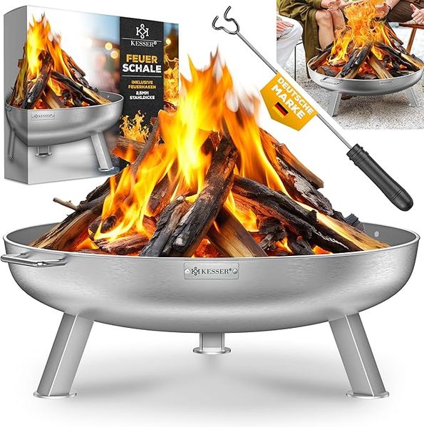KESSER® Feuerschale mit 2,5 mm Stahldicke, aus Edelstahl / Stahl, inklusive 42cm Feuerhaken aus Gusseisen, Wasserablauf & 2 stabile Griffe, für Holz & Kohle, Ø 60 cm