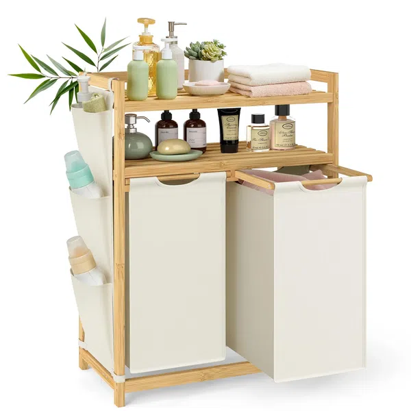 SONGMICS Wäschekorb 2 Fächer, Bambus, Wäschesammler 100 L, Wäschesortierer, mit Ablagen, Wäschesack, kleine seitliche Taschen, Wäscheregal, 2 x 50 L, 63 x 33 x 98 cm