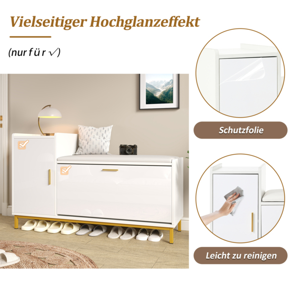 Schuhschrank Weiß Gold Hochglanz mit Sitzbank, 2-stöckiges Schuhregal & Schrank, verstecktes Regal Eingangsban Bild 6