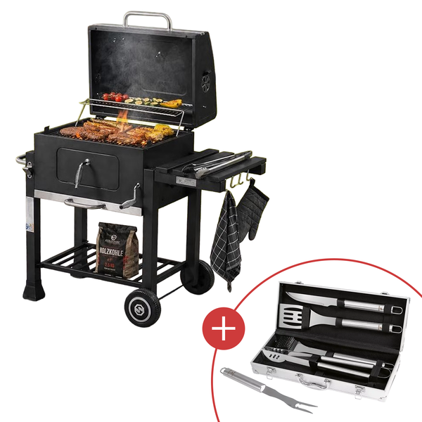Strattore Holzkohlegrill, höhenverstellbarer Grillrost, Kohleklappe, Deckelthermometer, 42 × 57 cm Grillfläche mit CHECK24 Grillkoffer
