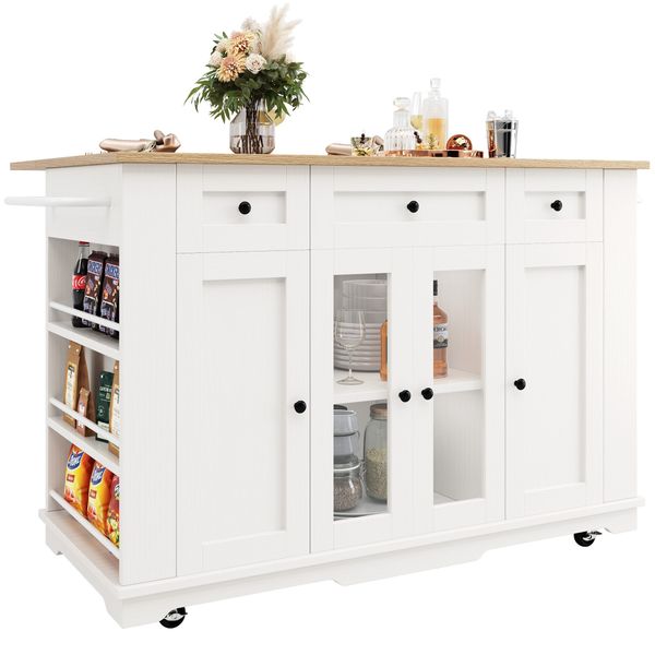 Flieks Küchenwagen Kücheninsel mit klappbare Tischplatte Tiefe 60-85cm, (1 St), Küchenschrank mit Schubladen und Glastüren Buffetschrank