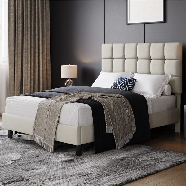 Yaheetech Polsterbett, 140x200 cm, mit höhenverstellbarem Kopfteil und Lattenrost, Beige