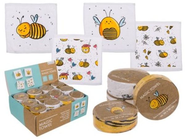 Zauberhandtuch - 1 Stück - Bienen - Magisches Handtuch - 4 fach sortiert - 30x30 cm Baumwolle