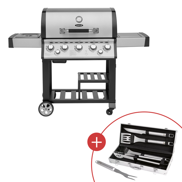 Justus 'Mars' Gasgrill, 5+2 Brenner, Infrarot-Backburner, Seitenkochfeld, Icebox, 76 × 46,5 cm Grillfläche mit CHECK24 Grillkoffer