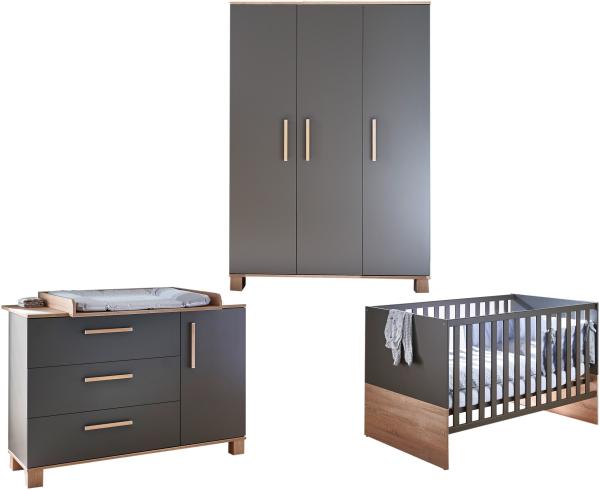 Arthur Berndt 'Cloe' Babyzimmer Komplettset 3-teilig, Kinderbett (70x140 cm), Wickelkommode mit Wickelaufsatz und Kleiderschrank Lava Matt / Eiche Sägerau