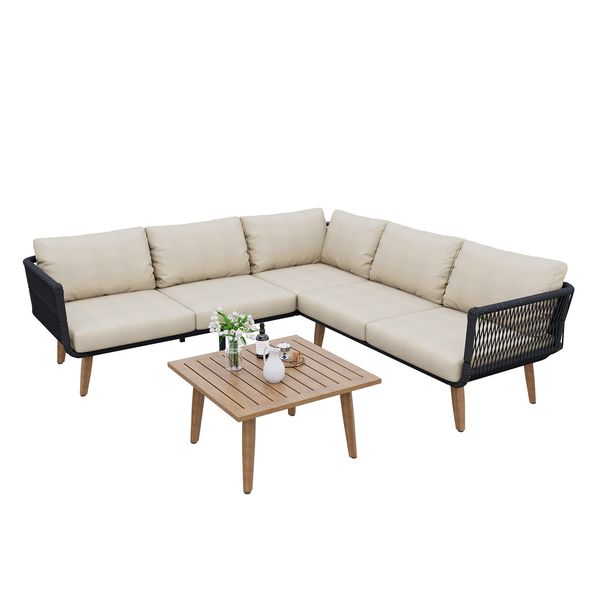 Merax Gartenlounge-Set, (3-tlg), Gartenmöbel-Set aus Seil, 5-Sitzer Sitzgruppe mit 2 Sofa & Couchtisch