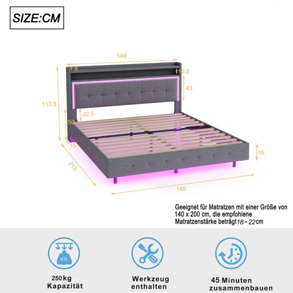 Kinderbett Polsterbett 140x200cm – mit LED-Beleuchtung und USB-Steckdose Bild 8