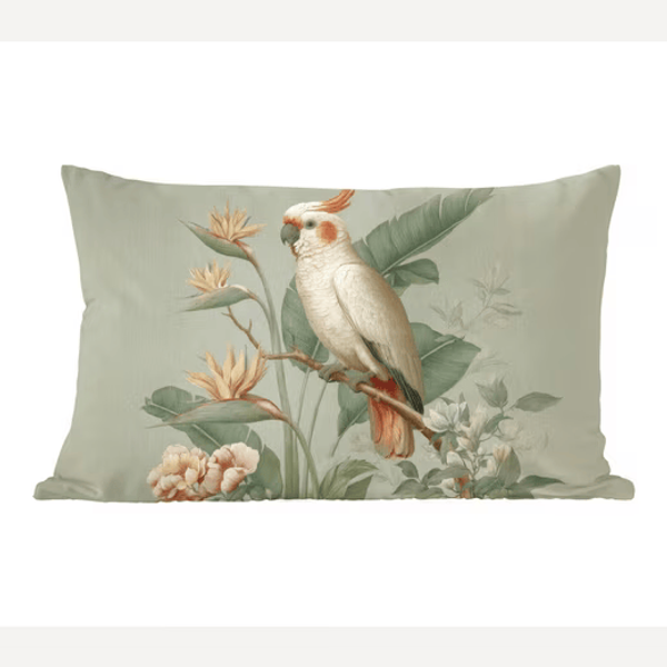 MuchoWow Dekokissen Gelbhaubenkakadu - Paradiesvogel Blumen - Grün, Dekoration, Zierkissen, Kissen mit Füllung, 50x30 cm