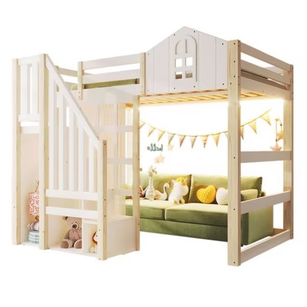 Ulife Etagenbett Hochbett Kinderbett mit LED-Leuchten, Fensterform, Ablageleiter (1-St, Ohne Matratze), Weiß+Natur, 140x200cm