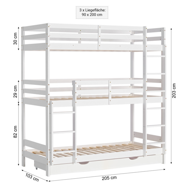 Homestyle4u Etagenbett mit 3 Liegeflächen und Bettkasten, Kiefernholz weiß, 90x200 cm Bild 2