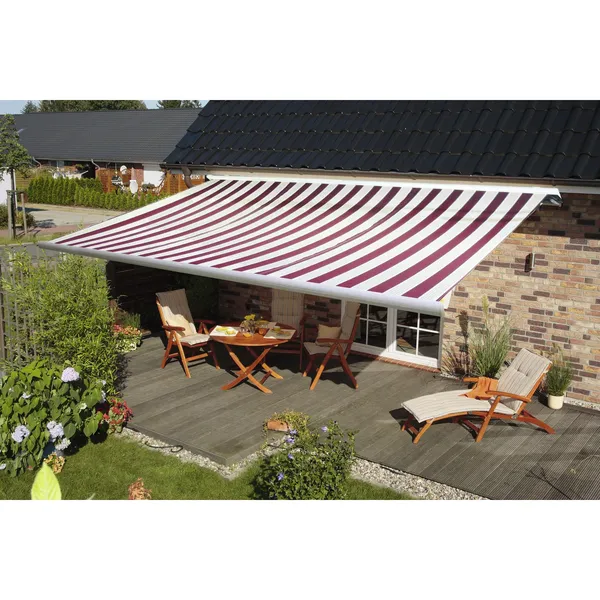 Spettmann Vollkassettenmarkise VC30, 400x300 cm, Gestell weiss, Design Rot Weiss, Funkmotor mit NHK links