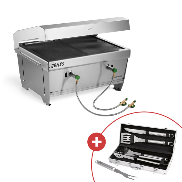 BURNHARD® 'JONES' Camping-Gasgrill, 2-Brenner, inkl. Transporttasche mit Rucksackfunktion, Edelstahl mit CHECK24 Grillkoffer