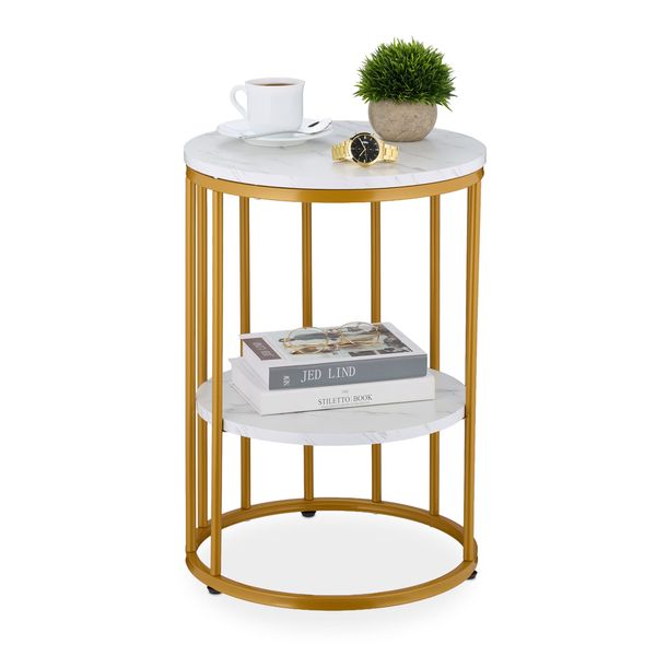 Relaxdays Beistelltisch mit 2 Ablagen, Metall / MDF Marmoroptik, Ø 40x57 cm, Weiß/Gold