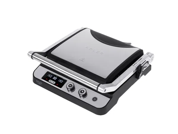 Adler Elektrogrill AD 3059 3000 W, Kontakt- & Tischgrill mit LED-Display, Silber, 36,5 x 36 x 14 cm