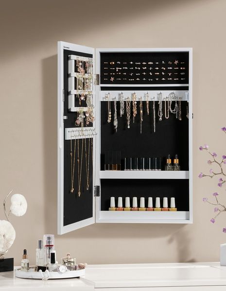 Songmics Schmuckschrank zur Wandmontage und abschließbarer, JBC51W, Holz weiß, 67 x 10 x 37 cm