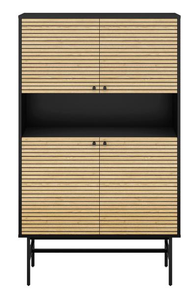 Highboard 100 x 40 cm MDF Schwarz Eichenholzfront geriffelt 4 Türig mit Fach