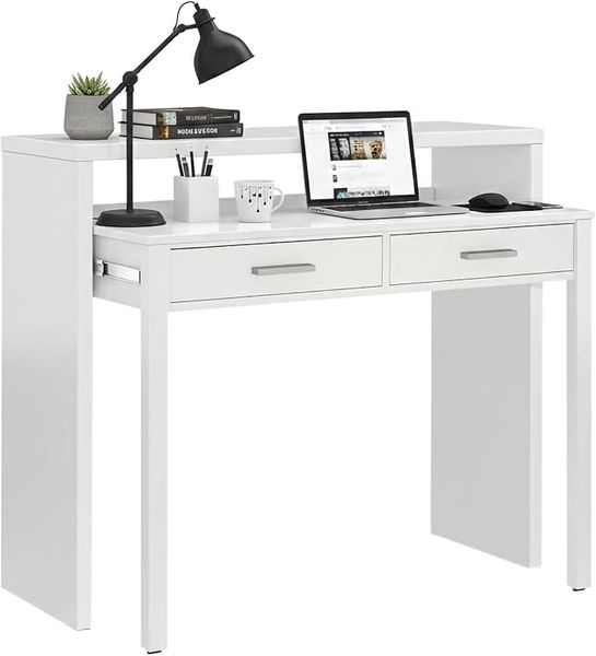 Dmora - Konsolentisch Billings, Schreibtisch mit ausziehbarer Platte, PC-Schreibtisch mit 2 Schubladen, Weiß, 99 x 36 x 88 cm