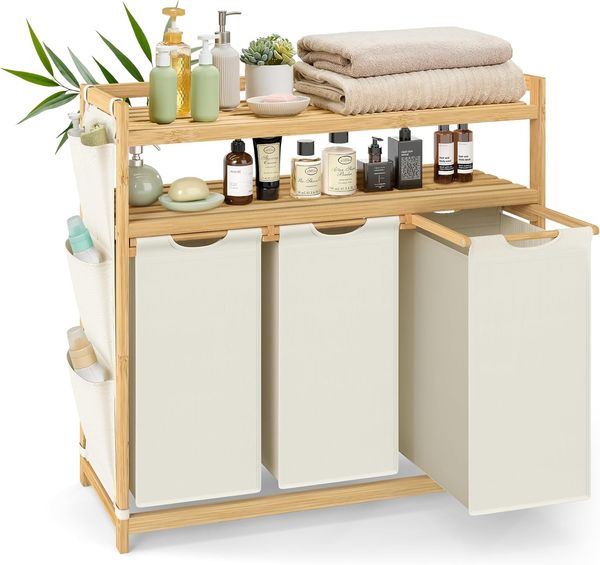 SONGMICS Wäschekorb 3 Fächer, Bambus, Wäschesammler 150 L, Wäschesortierer, mit Ablagen, Wäschesack, kleine seitliche Taschen, Wäscheregal, 3 x 50 L, 94 x 33 x 98 cm, cremeweiß RLHDE215W01