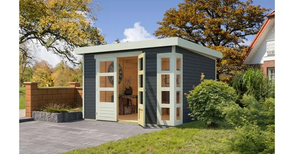 Karibu Gartenhaus Kerko 6 Gartenhaus aus Holz in Grau Holzhaus mit 19 mm Wandstärke Blockbohlenhaus mit Montagematerial