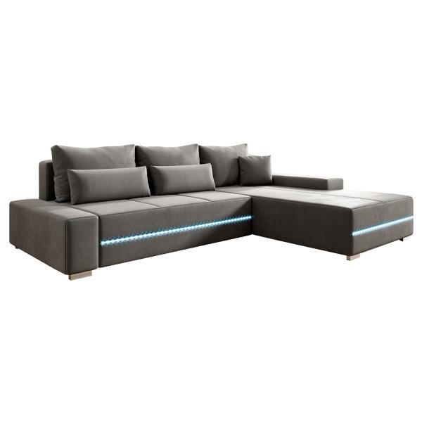 Juskys Sofa Davos Rechts mit Schlaffunktion - Ecksofa für Wohnzimmer mit Bettkasten & LED - Stoff Schlafsofa L Form Couch Beleuchtung - Hellgrau