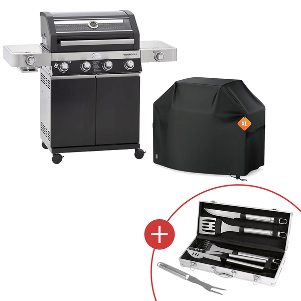 RÖSLE BBQ Gasgrill Videro G4-S Vario+ Schwarz mit Schutzhaube XL mit CHECK24 Grillkoffer
