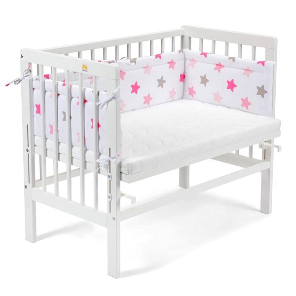 Fabimax 4609 'BASIC' Beistellbett weiß, inkl. Matratze 'COMFORT' und Nestchen 'Sterne' rosa auf weiß