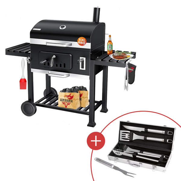 KESSER® Holzkohlegrill, höhenverstellbare Kohlewanne, Kohleklappe, Deckelthermometer, 71 × 46 cm Grillfläche mit CHECK24 Grillkoffer
