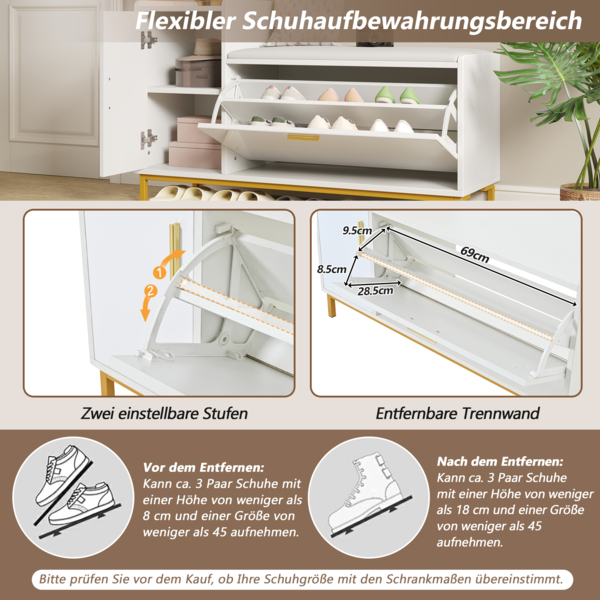 Schuhschrank Weiß Gold Hochglanz mit Sitzbank, 2-stöckiges Schuhregal & Schrank, verstecktes Regal Eingangsban Bild 5