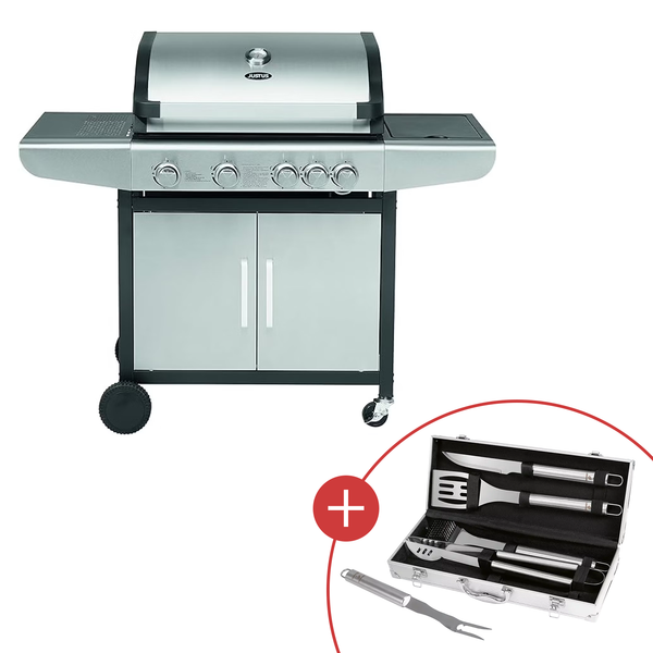Justus 'Ares 4 SU' BBQ Gasgrill, 4+1 Brenner, Edelstahl silber, 133 x 57 x 112 cm mit CHECK24 Grillkoffer