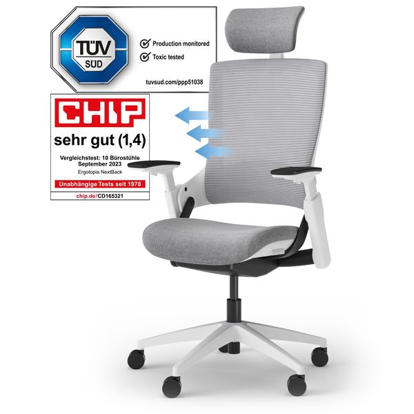 Ergotopia 'NextBack' ergonomischer Bürostuhl mit integrierter Lordosenstütze, 3D Armlehnen & verstellbarer Kopfstütze, Grau / Weiß