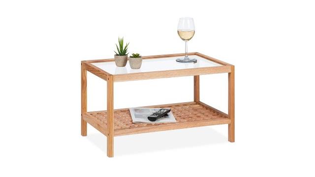 Relaxdays Beistelltisch Walnussholz mit Glasablage Bild 2