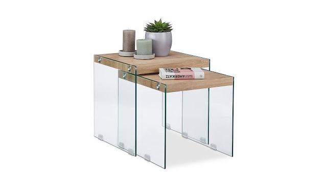 Relaxdays Satztisch 2er Set Holz+Glas Bild 2