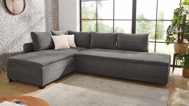 Ecksofa-Dauerschläfer Doppelbett Federkern Bettkasten Couch Cord Dunkelgrau Bild 11
