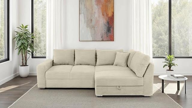 Ecksofa-Dauerschläfer Federkern Topper Bettkasten Schlafcouch in Cord Beige Grau Bild 11