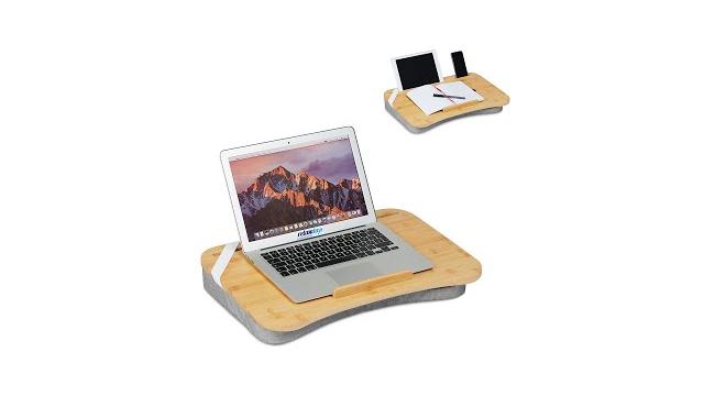 Relaxdays Graues Laptopkissen mit Bambusablage Bild 2