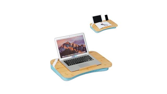 Relaxdays Blaues Laptopkissen mit Bambusablage Bild 2